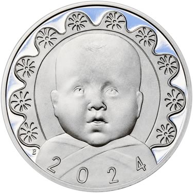 Náhled Reverzní strany - Stříbrný medailon k narození dítěte s peřinkou 2024 - 28 mm
